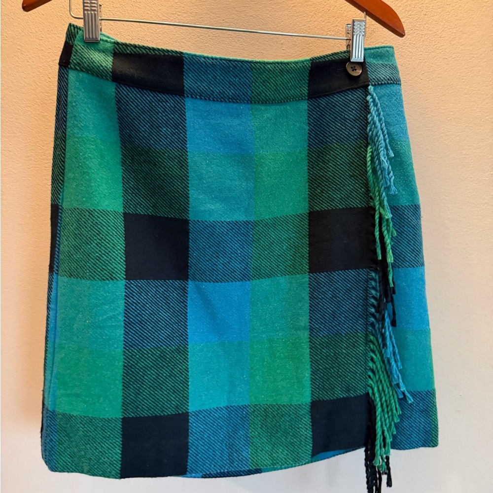 Talbots Petite Blue Green Buffalo Plaid Fringe‎ Wool Blend Wrap Skirt Womens 10P